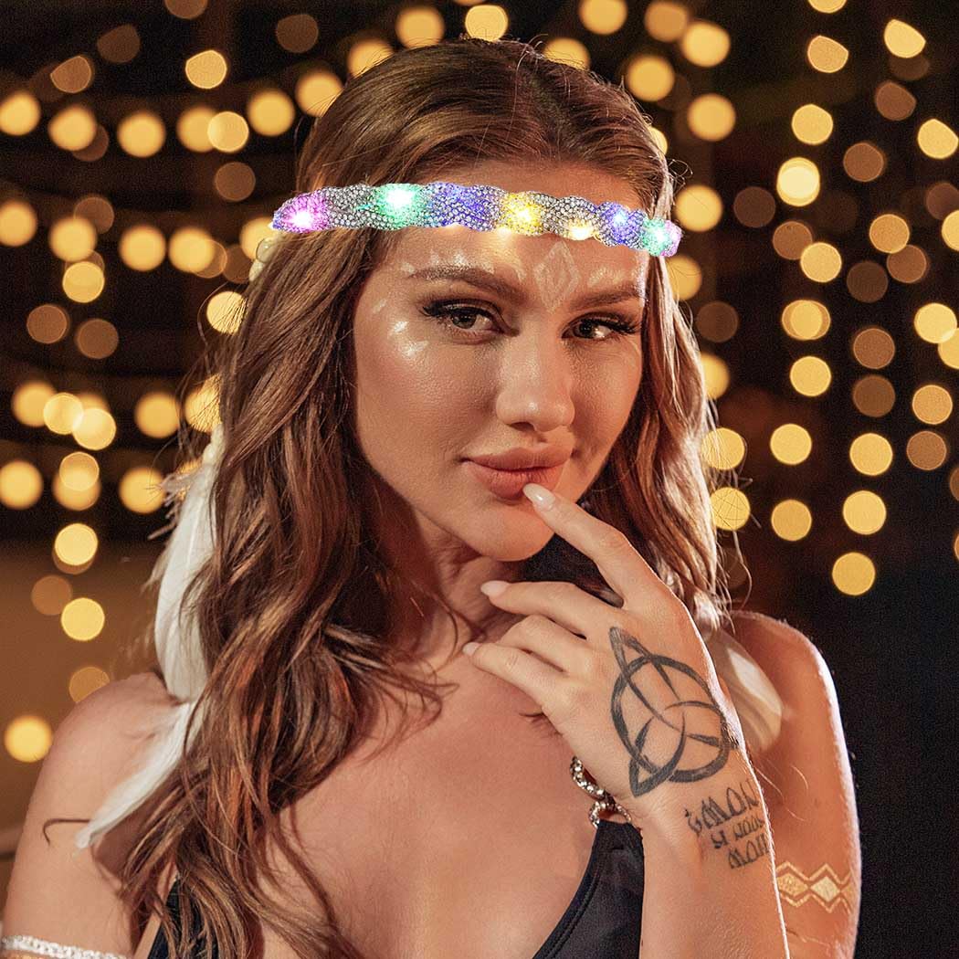 EARENT Light Up Rhinestone Headband Silver Led Crystal Headpiece Glowing Head Chain Sparkly Bridal Rave Costume Hair Accessories for Women(B-Silver)