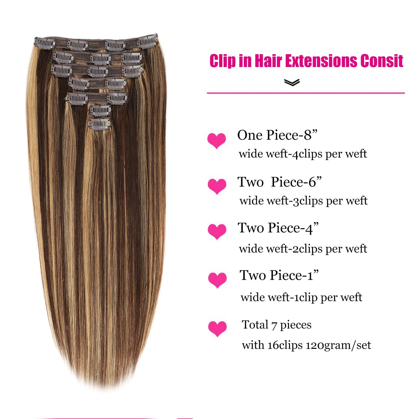 Clip in Hair Extensions Real Human Hair 22Inch 120g/set Straight Human Hair Clip in Extensions 7pcs Thick Remy Brazilian Human Hair Clip ins for Women Balayage Chocolate Brown to Caramel Blonde Color