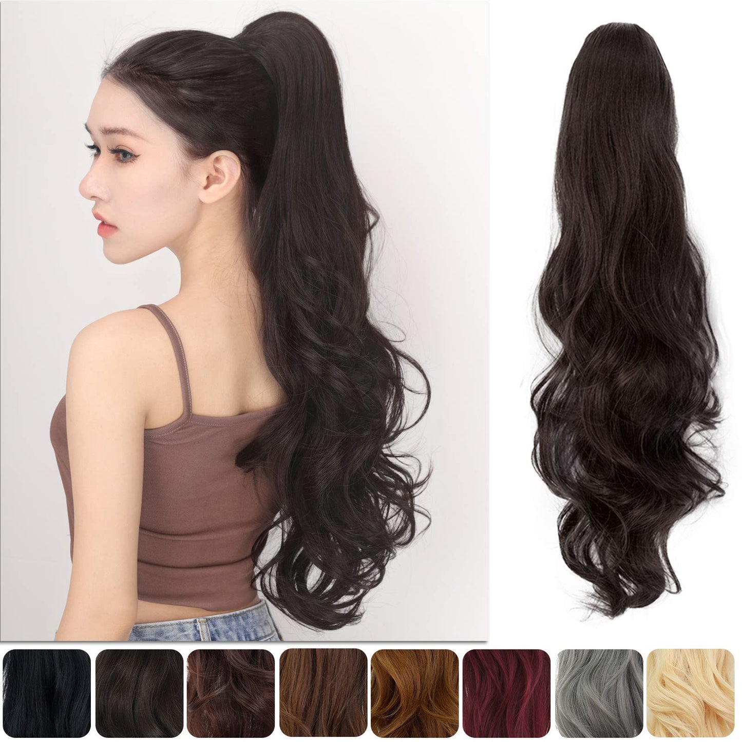 JHZSJF Drawstring Fake Ponytail Hair Extensions，Long Wavy Wrap Around Synthetic Heat Resistant Pony Tail Hairpiece 28" 5.6 OZ Pony Tail Hair Pieces For Women Girls【 Black Brown】