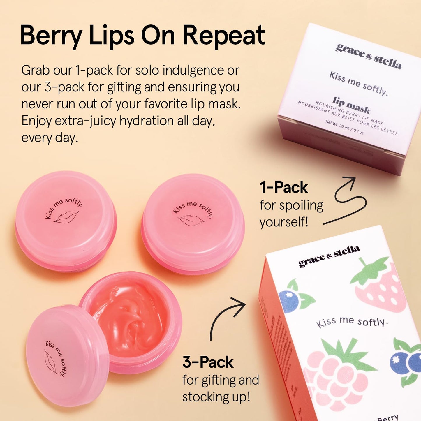 Grace & Stella Kiss Me Softly Nourishing Berry Lip Balm Hydrating - Lip Mask Overnight - Lip Moisturizer For Very Dry Lips - Overnight Lip Mask - Lip Sleeping Mask - Vegan (20ml, 3-Pack)