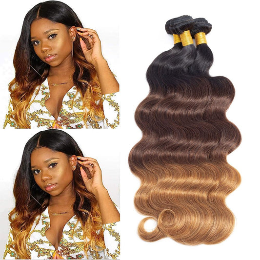 DAYRISE Ombre Body Wave Bundles Brazilian Virgin Human Hair Bundles Ombre Human Hair Extensions 3 Tone Mixed 1B/4/30 Color (14 16 18) Ombre Bundles Body Wave 3 Bundles