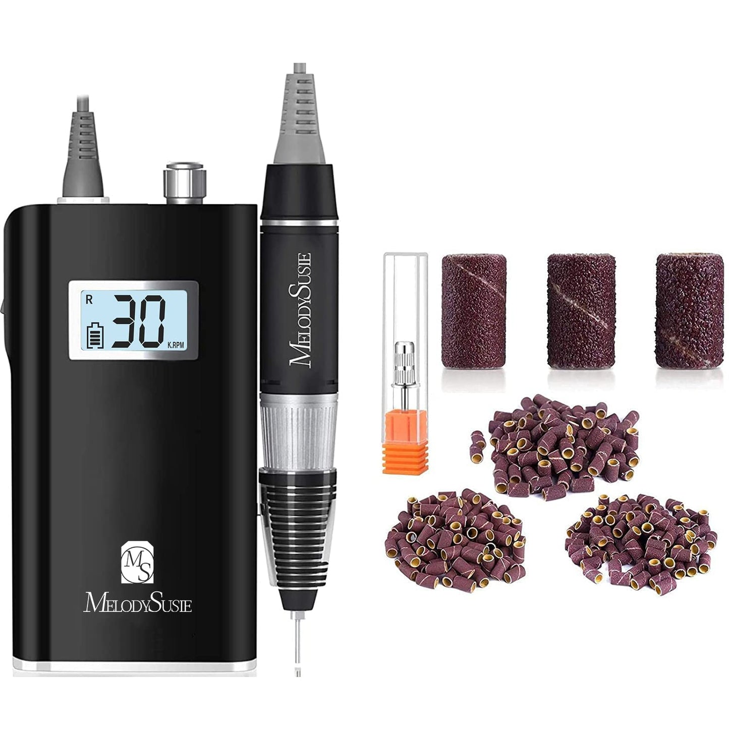 MelodySusie Professional Rechargeable 30000 RPM Nail Drill, Portable Electric E File Scamander, Acrylic Gel Grinder Tools with 6 Bits and Sanding Bands for Manicure Pedicure Shape Carve Polish