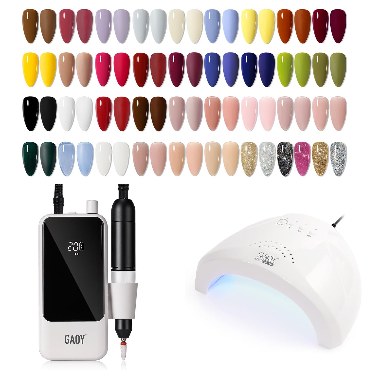 GAOY 42 Pcs Gel Nail Polish Kit with Nail Drill and Nail Lamp, Black Brown Red Glitter Jelly Colors All Seasons Gel Nail Polish Set with Glossy & Matte Top Coat and Base Coat for Nail Art DIY at Home