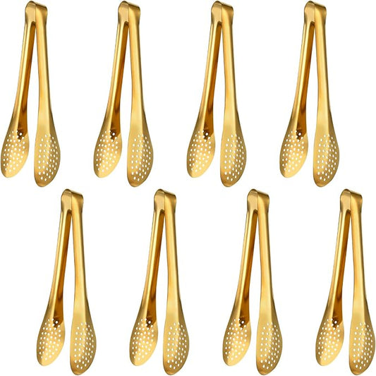 8 PCS Serving Tongs 9 Inch, Gold Tongs for Serving Food, Stainless Steel Tongs for Serving, Serving Utensils Cooking Clips for Buffet, Appetizer, Dessert, Parties