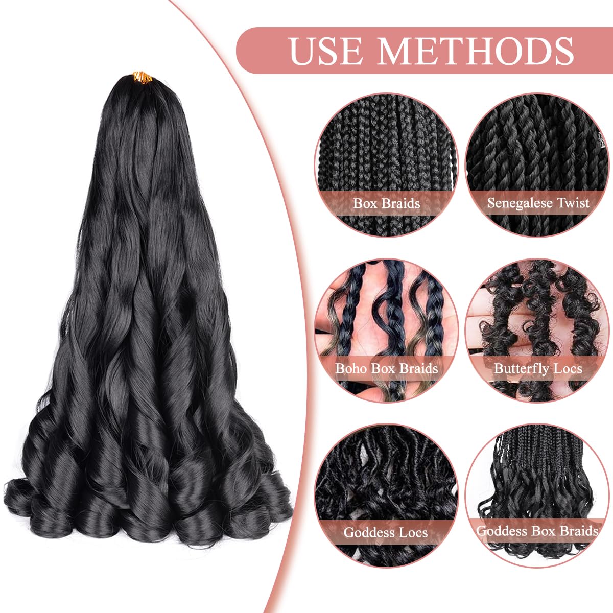 Luoyudu French Curl Braiding Hair 24 Inch 2 Packs Black Synthetic Loose Wave Bouncy Crochet Hair Pre Stretched 75g/pack Curly Braiding Hair for Black Women Hair Extensions (24inch,2packs,1B)