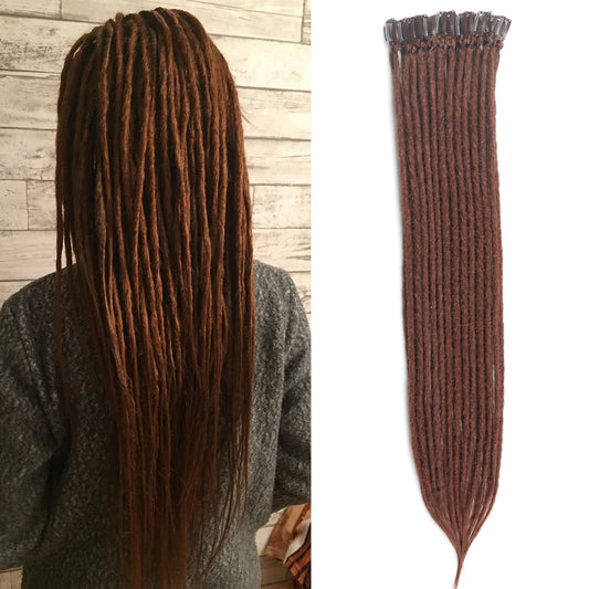 Kyriena 24 Inch Dreadlock Extensions Clip In, 6PCS Thin 0.6cm Width Medium Auburn Synthetic Clip In Dreads Hair Extensions Reggae Style Single Ended Dreadlock for Woman