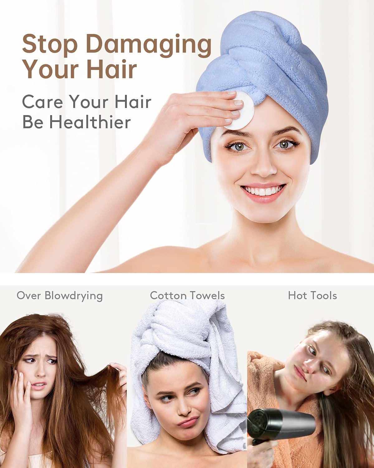 YFONG Microfiber Hair Towel 3 Pack, Hair Towel with Button, Super Absorbent Hair Towel Wrap for Curly Hair, Fast Drying Hair Turban Towel for Women, Anti Frizz Microfiber Towel