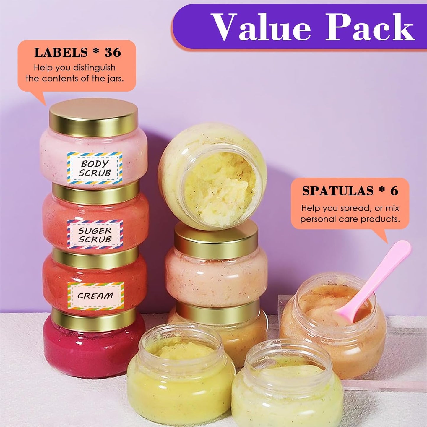 36 Pack 8 oz Amber Plastic Cosmetic Containers With Lids Refillable Clear Empty Travle Jars Containers for Body Butter,Sugar Scrubs,Cream,Lotions,Candy, Waterproof Label&Spatulas - (Black Lid)