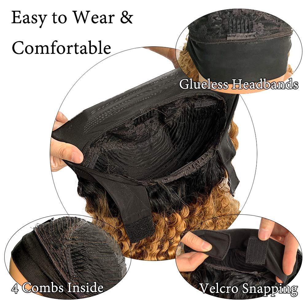 Glueless Headband Human Hair Wigs Deep Wave Ombre Natural Black to Strawberry Blonde Highlight No Lace Front Wigs 14 inch 150% Density Full Ends for Black Women with Pre-attached Scarf 1b27 Colored