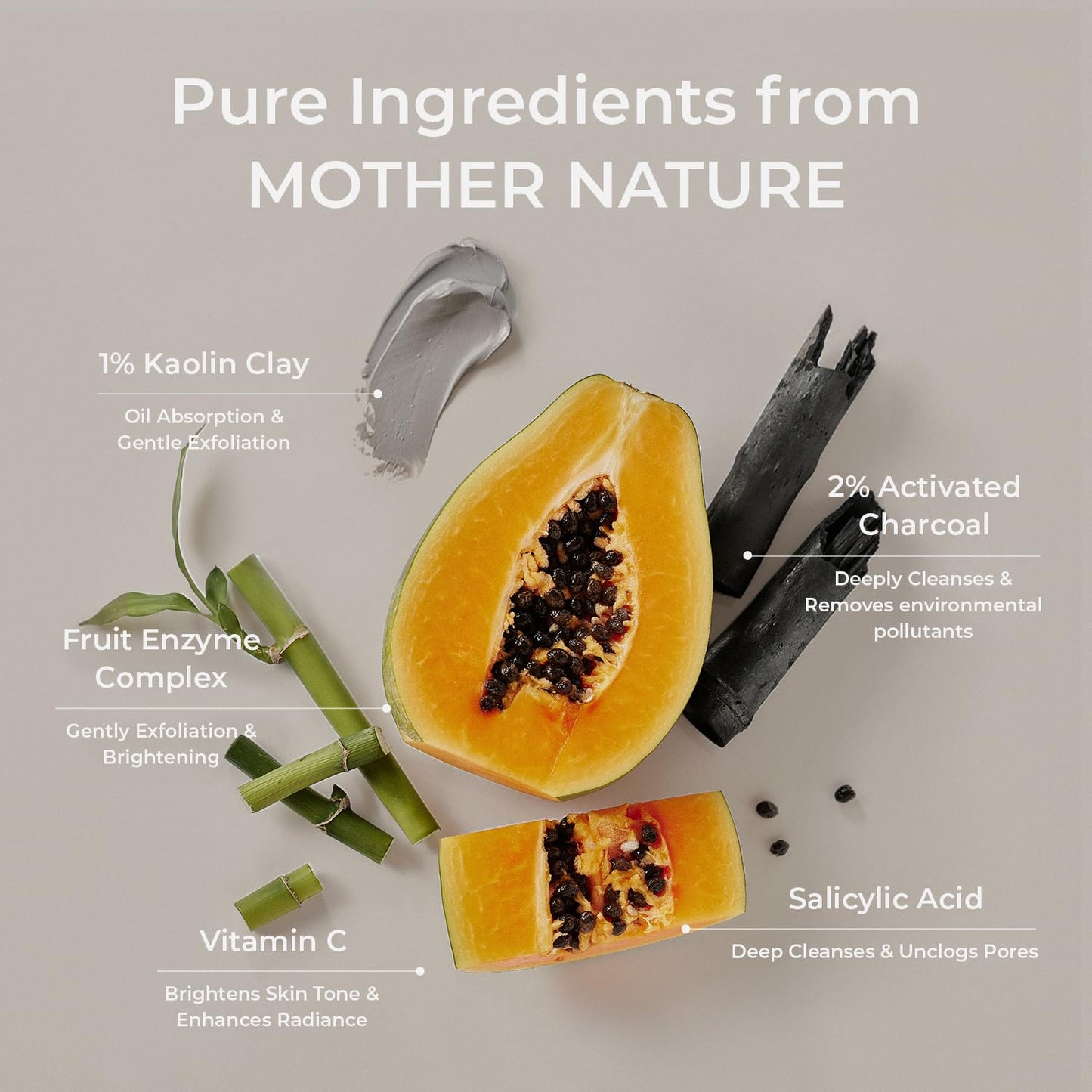MOTHER MADE Charcoal Clay Enzyme Powder Vegan Facial Cleanser 2 EA with Salicylic Acid, Vitamin C, Hyaluronic Acid, Super Gentle Exfoliating Face Scrub, Pore Cleansing Exfoliant