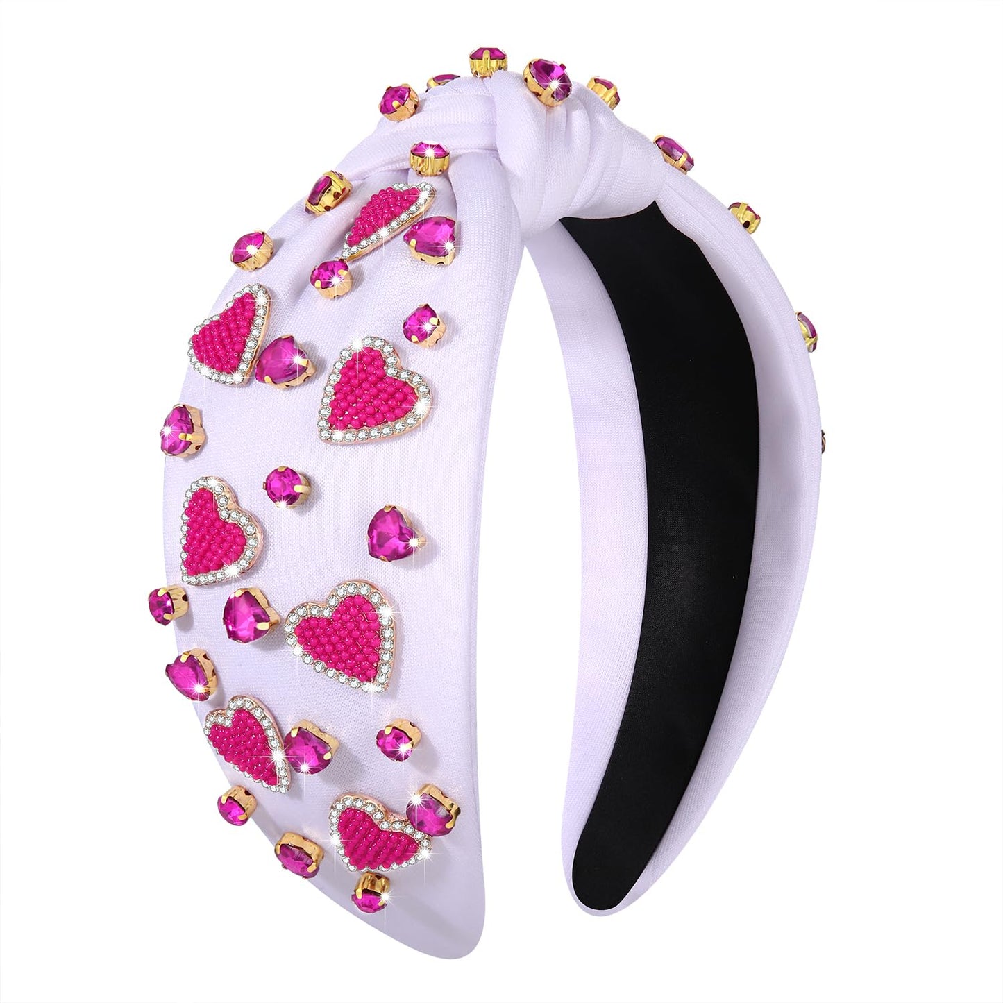 Heart Headband for Women Valentine's Day Knotted Headband Beaded Rhinestone Heart Hairband Crystal Galentines Day Top Knot Headband Valentine's Day Hair Accessories Holiday Gifts (White Heart A)