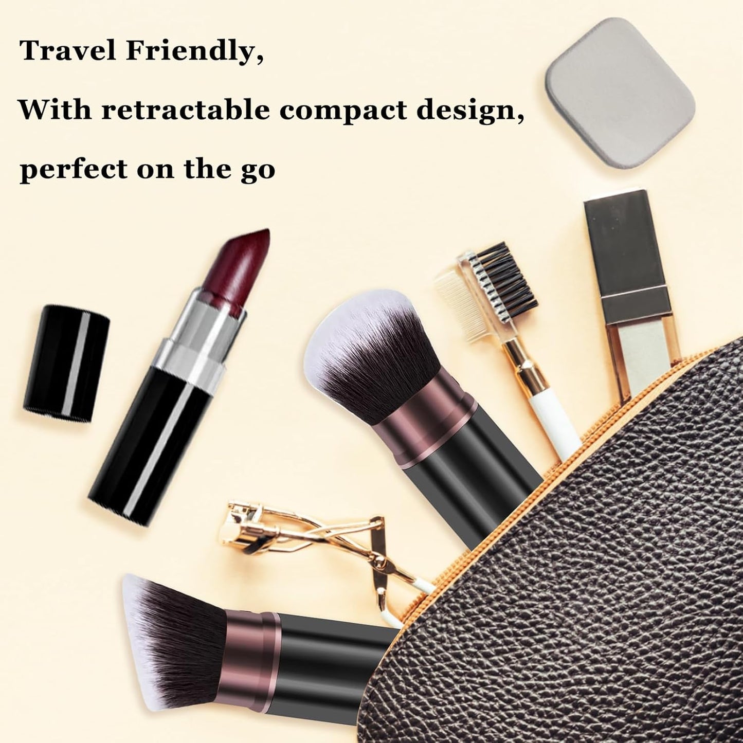 Retractable Makeup Brush, Travel Kabuki Powder Makeup Brush 2 Pack, Foundation Face Blush Brushes for Blending Liquid, Blush, Bronzer, Buffing, Sunscreen,Flawless Cosmetics