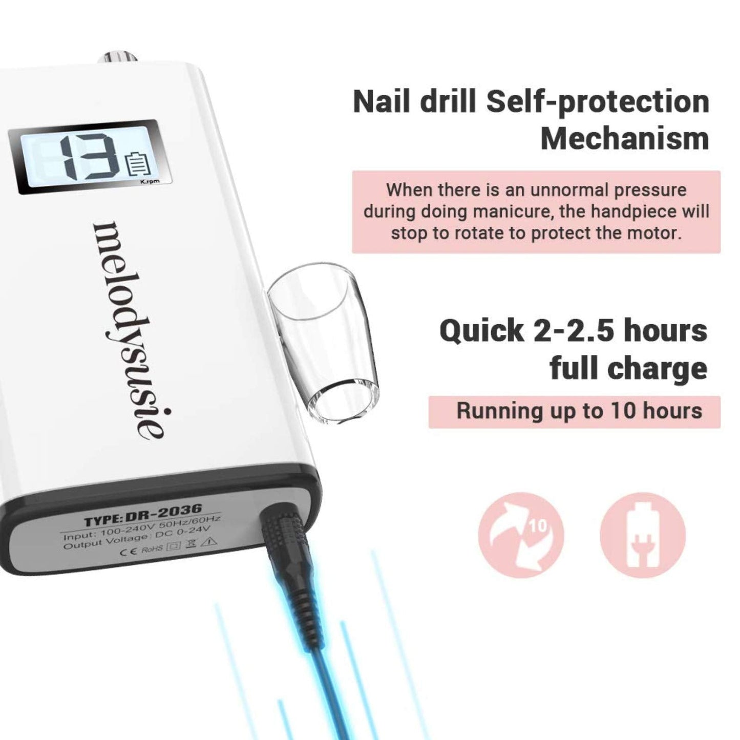 MelodySusie Professional Rechargeable 30000 rpm Nail Drill with Acrylic Nail Clipper Cutter, Portable E-File with Long Life Battery, Electric Tool for Acrylic Nail Natural Extension Poly Nail Gel, Hig