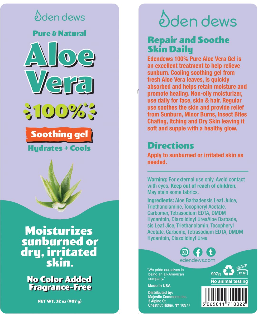 Eden Dews Organic Aloe Vera Gel 100% Pure & Natural Gel, Moisturizing, Face Skin & Hair Care, Sun Burn Relief, Hydrating & Soothing for Dry Skin, Acne, Razor Bumps, Made in USA, Unscented, 32 oz