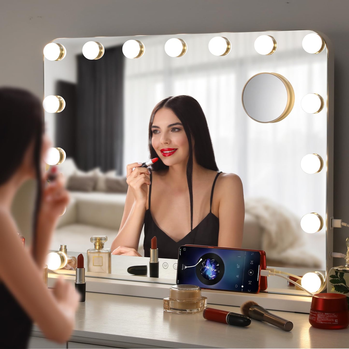 MAMIZO Hollywood Vanity Mirror with Light, Makeup Mirror with Dimmer LED, Lighted Vanity Mirror w/USB, 3 Light Colors, Touch Control 10X Magning,Tabletop/Wall-Mounted (22.8'')