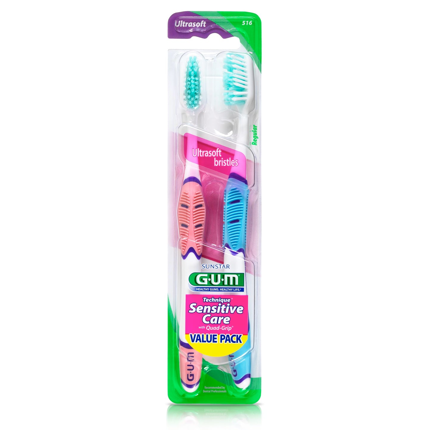 GUM Technique Sensitive Care Toothbrush with Quad-Grip Handle, Full Head & Ultra Soft Bristles for Plaque Removal That’s Gentle on Gums, 2ct(6Pk)