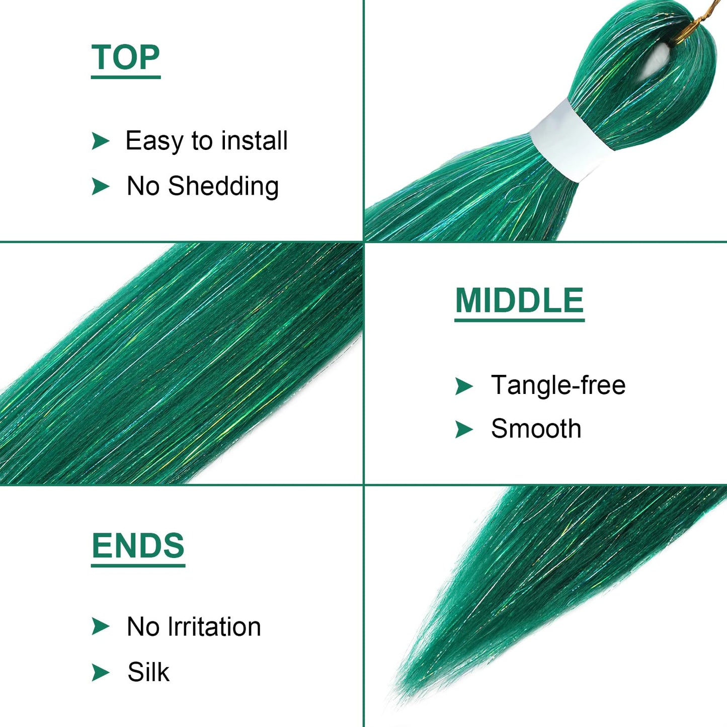 Savasana Green with Tinsel Pre stretched Braiding Hair, 26 Inches Box Braids Hair Extensions, 3 Packs Yaki Texture Braiding Hair Pre stretched