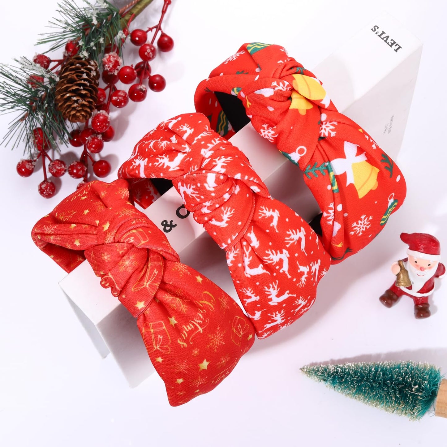 Christmas Headband for Women Girls Snowflake Reindeer Christmas Tree Present Candy Cane Pattern Knotted Hairband Xmas Holiday Wide Knot Head Band Hair Accessory Gift