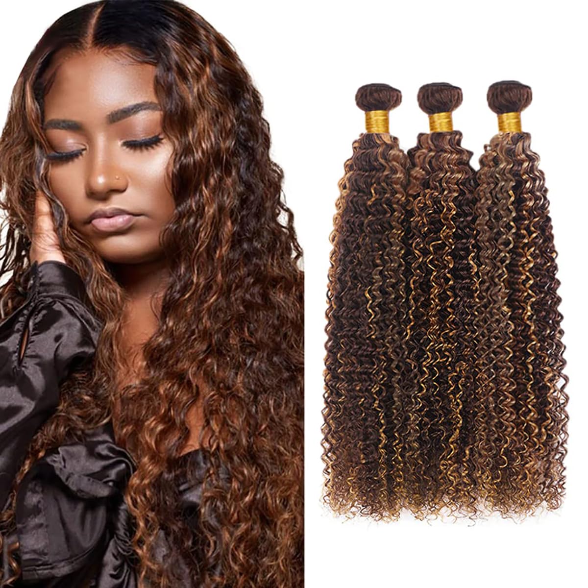 HeioWuio P4/30 Curly Wave Human Hair 3 Bundles Highlight Brazilian Remy Human Hair Extensions Brown and Dark Brown Unprocessed Virgin Hair Bundles 16 18 20 Inch