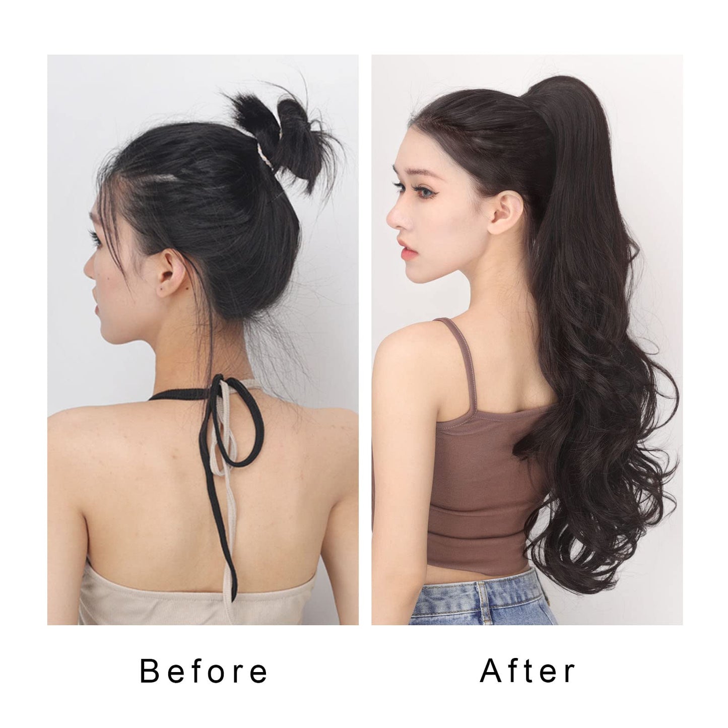 JHZSJF Drawstring Fake Ponytail Hair Extensions，Long Wavy Wrap Around Synthetic Heat Resistant Pony Tail Hairpiece 28" 5.6 OZ Pony Tail Hair Pieces For Women Girls【 Black Brown】
