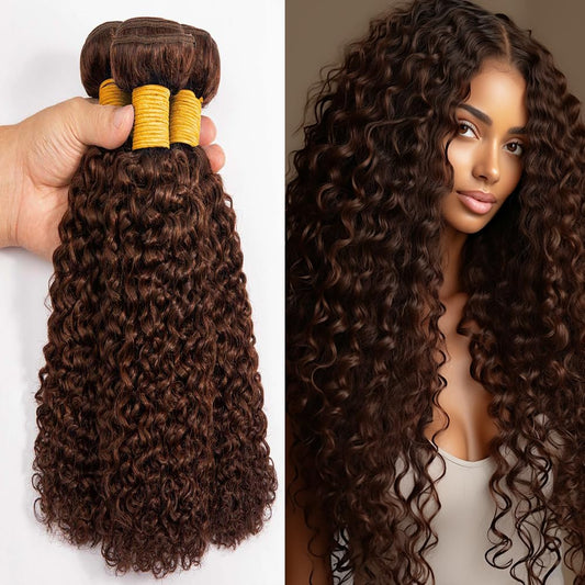 #4 Deep Curly Weave Bundles Human Hair Dark Brown Kinky Curly Bundles Double Weft Brazilian Remy Hair Extensions Wet and Wavy Bundles Silky Soft for Black Women(22 24 26 Inch 3 Bundles)