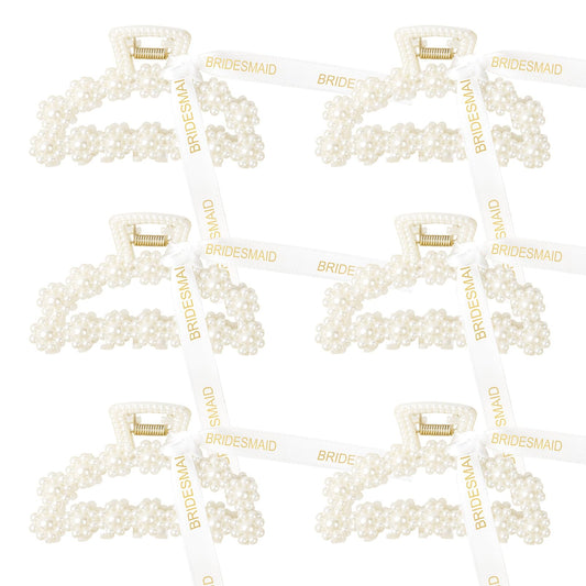 DEEKA Bridesmaid Proposal Gifts 6 Pack Pearl Bridesmaid Hair Claw Clips with Ribbon 3 Inch Hair Clips Bachelorette Party Favors Bridal Party Present Hair Accessories (Half Circle)