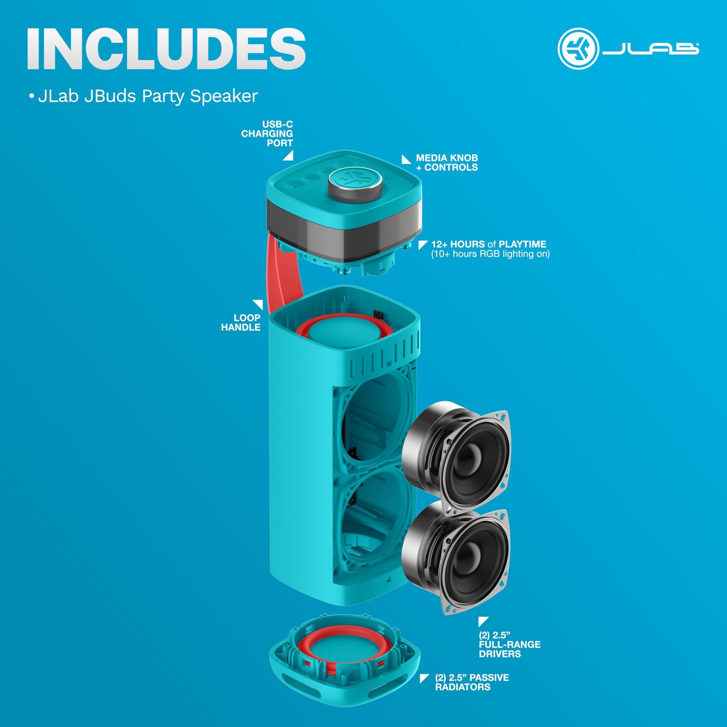 JLab JBuds Party Portable Bluetooth Speaker, 2 Full-Range Drivers + 2 Passive Woofers, IPX6 Waterproof, 12 Hours Playtime, Connect Multiple Speakers, Custom Sound + RGB Lighting via App, Cyan