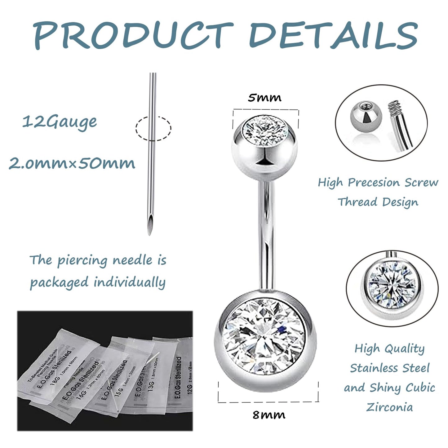 orilace Belly Button Piercing Kit, 12g Piercing Needle Kit Stainless Steel Belly Button Rings Piercing Clamp At Home Piercing Tool Navel Piercing Kit (G+S-Dark Blue)