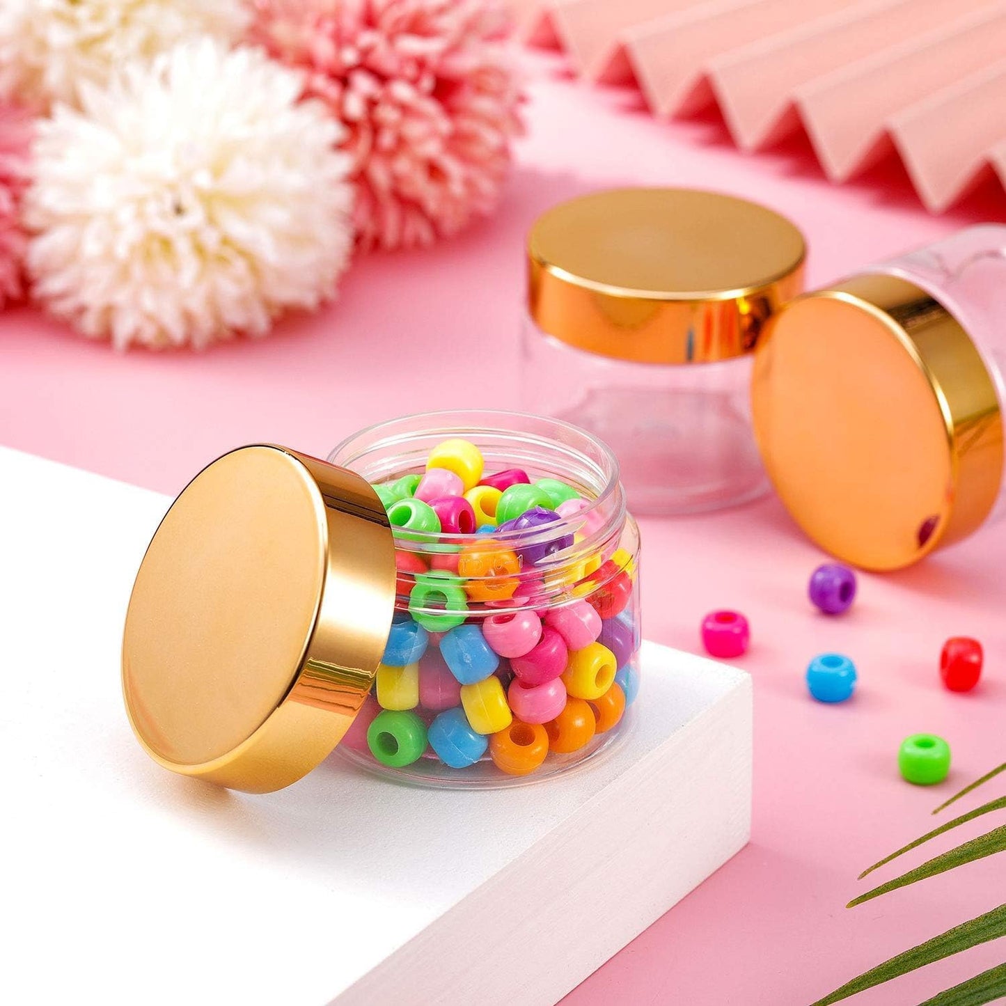 SATINIOR 36 Pieces 1 oz Plastic Jars with Lids Wide Mouth Airtight Reusable Container Acrylic Cosmetic Small Jars for Lotions Ointments Travel Toiletries Creams Make up Storage(Gold)