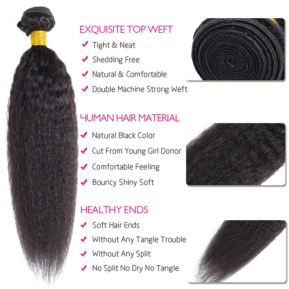 Color 1B Bundles Human Hair Kinky Straight Bundles Human Hair 1B Yaki Straight Bundles Double Weft Brazilian Remy Hair Weave Extensions Soft and Silky for Black Women (22 24 26 inch 3 Bundles)