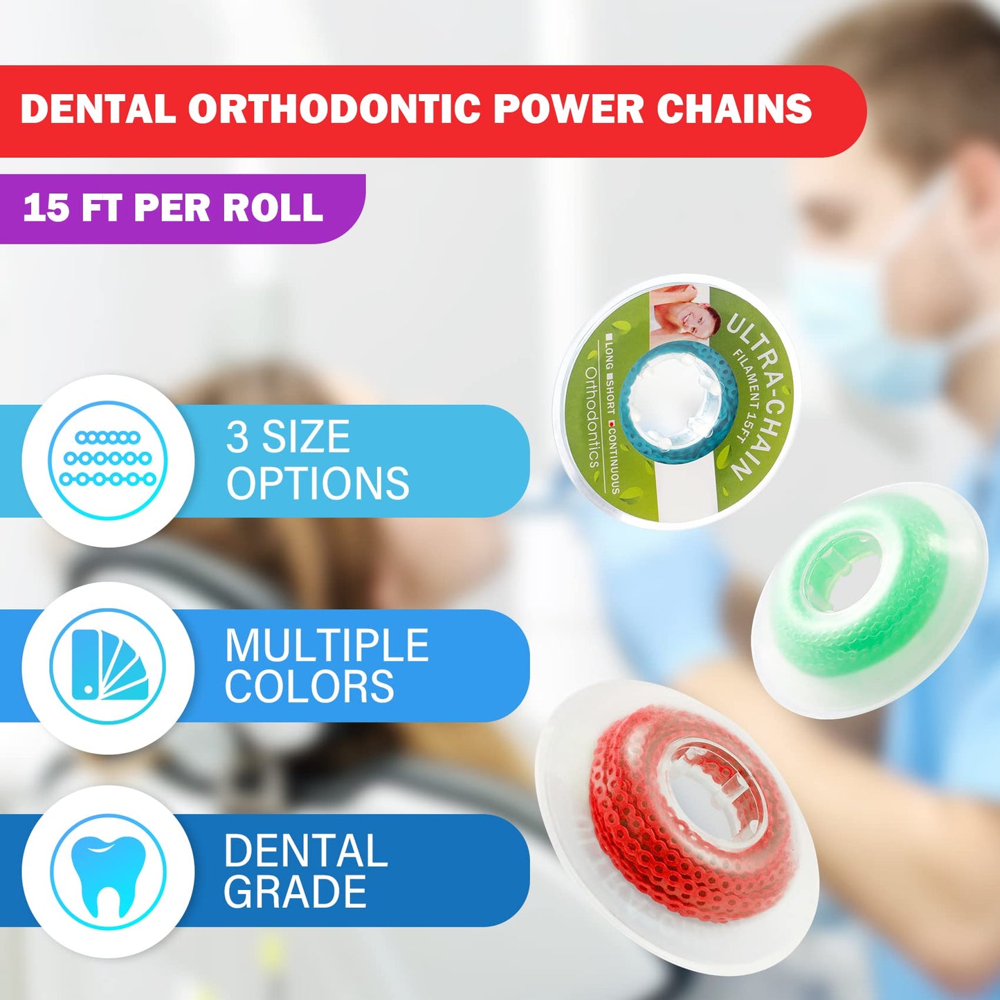 Annhua Dental Orthodontic Elastic Chain, Dental Spool Elastic Rubber Band Power Chains for Braces - Long, Blue - 1# - 15ft/Roll, Used for Orthodontic Braces