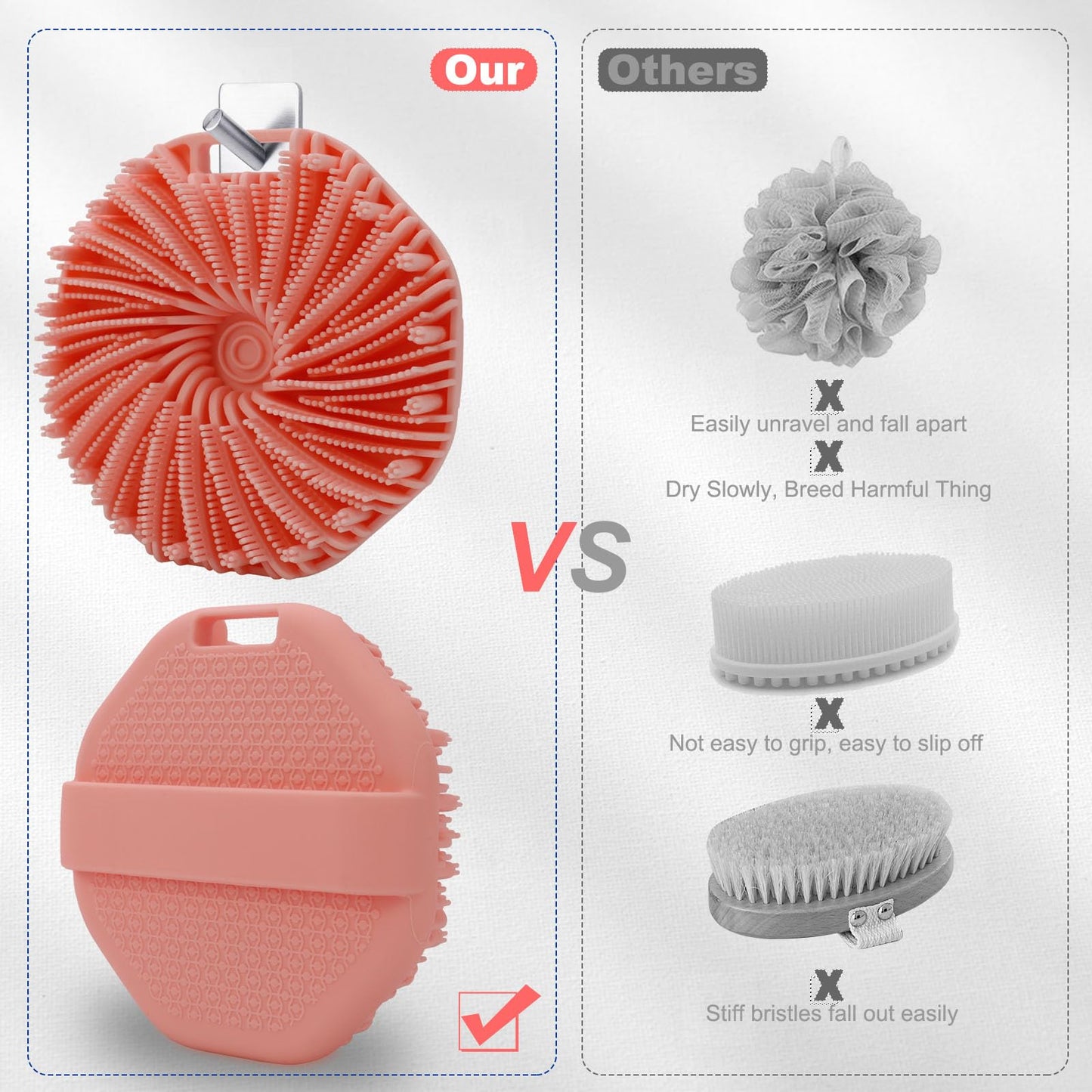 HAYSNA Silicone Body Scrubber, Exfoliating Body Scrubber for All Skin Types, Handheld Shower Brush with Rich Lathering and Easy Cleaning (Pink)