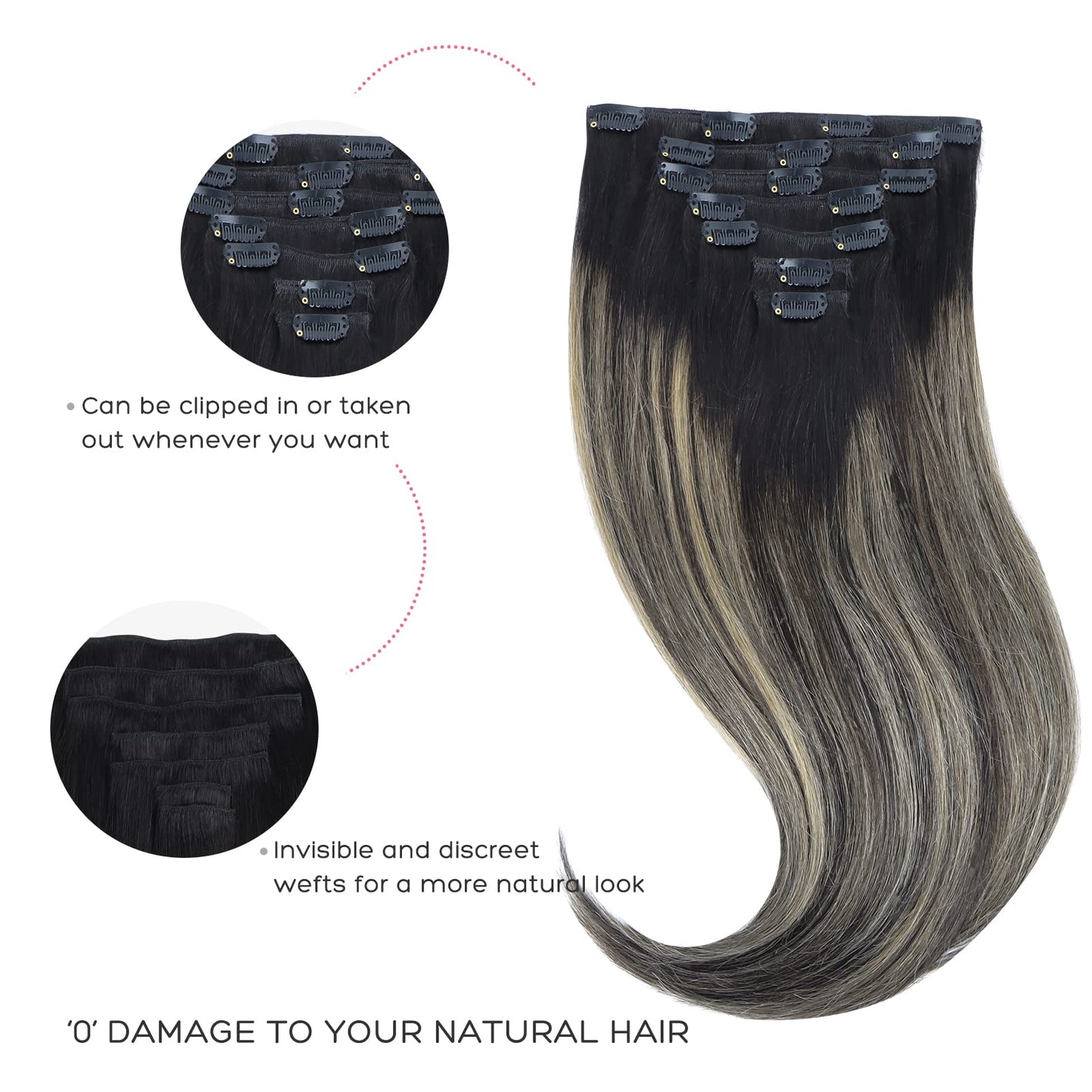 Marat Hair Extensions Clip in Human Hair, Natural Black to Light Blonde Clip in Hair Extensions 14 inch 120g Straight Clip in Hair Extensions Human Hair