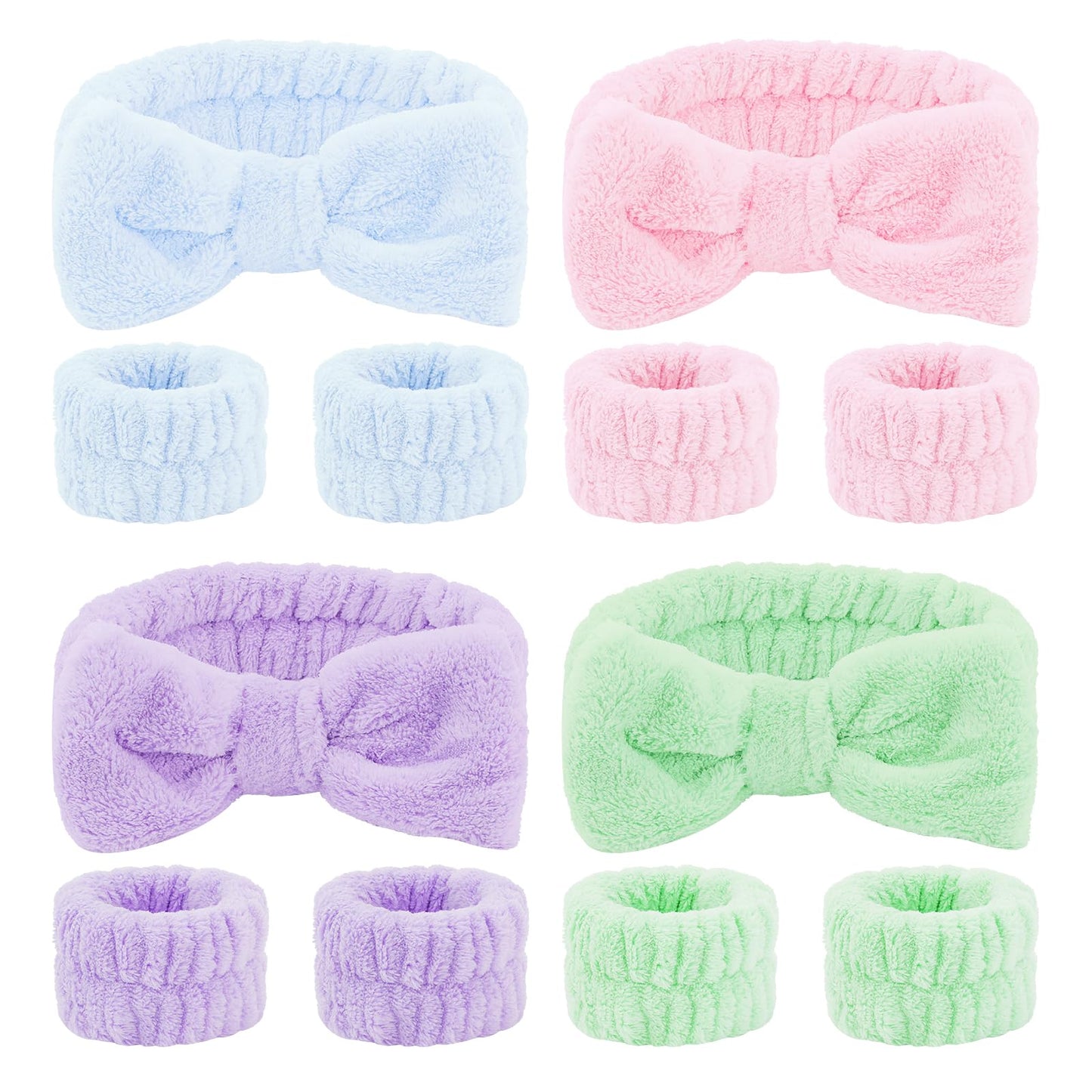 CIEHER 12 PCS Makeup Headband for Women Wrist Washband Scrunchies Cuffs for Washing Face, Soft Bow Hair Band Matching Wristbands, Pink, Purple, Blue, Green