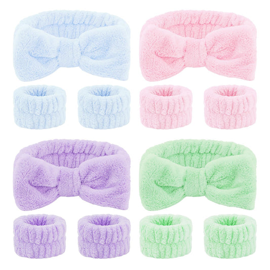 CIEHER 12 PCS Makeup Headband for Women Wrist Washband Scrunchies Cuffs for Washing Face, Soft Bow Hair Band Matching Wristbands, Pink, Purple, Blue, Green