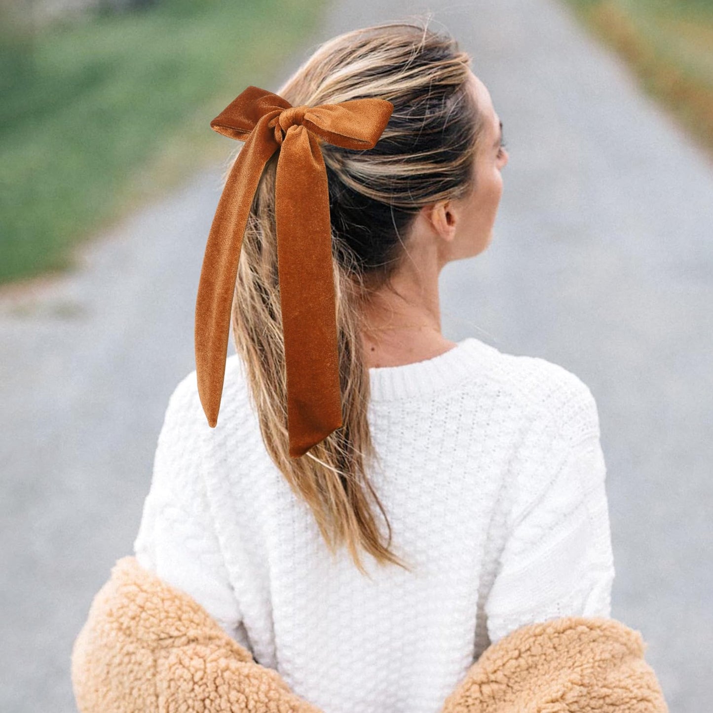 Soft Velvet Hair Bows for Toddler Girls - 2 Sizes (5" & 3.5") Long Ponytail Knot Bows with Alligator Clips - Hair Accessories for Little Kids, Orange & Brown