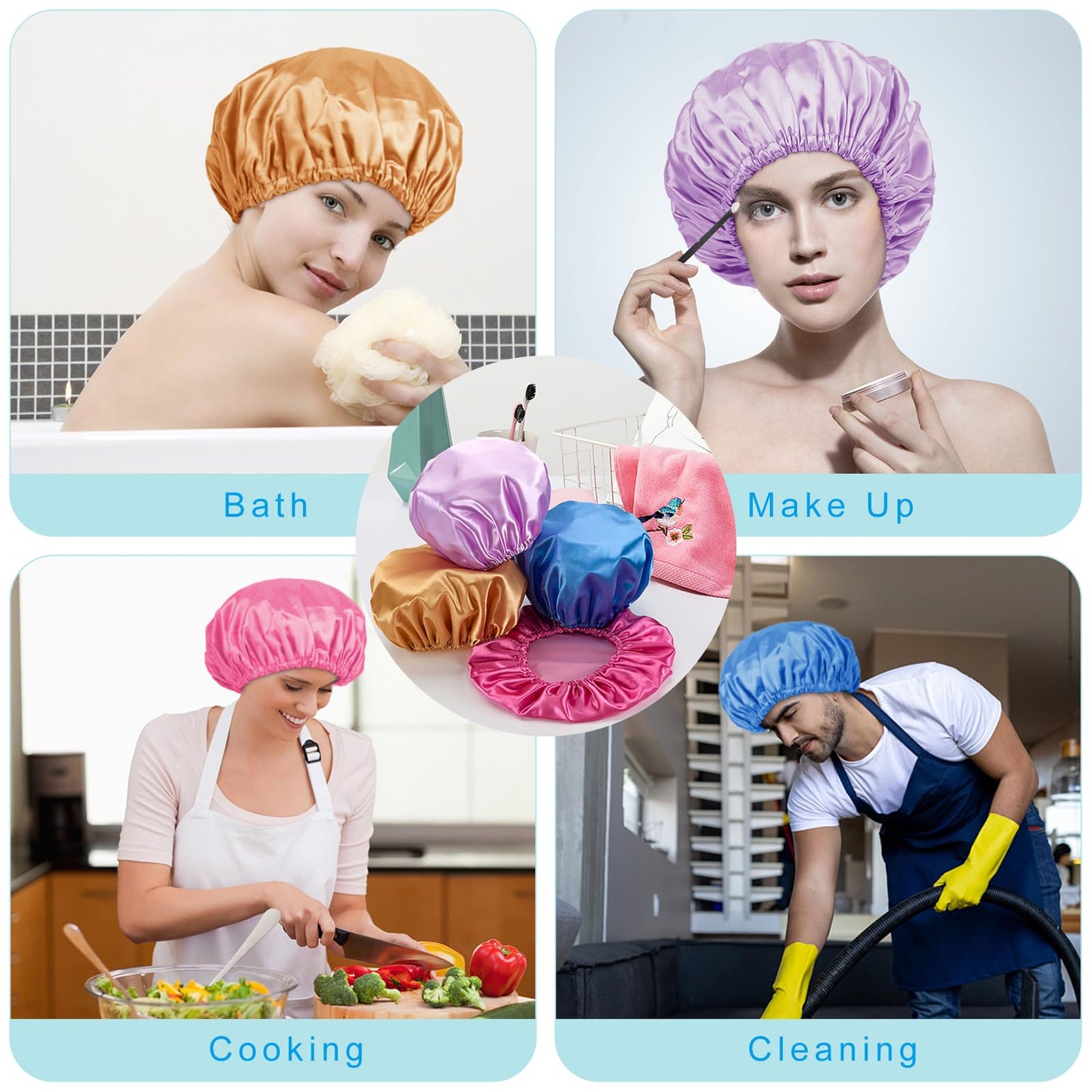 AmazerBath 4-Pack Shower Caps for Women, Double Waterproof Layers Bathing Shower Hat Hair Protection EVA Reusable, Medium Size - Ocean Blue, Light Purple, Gold, Rose Red