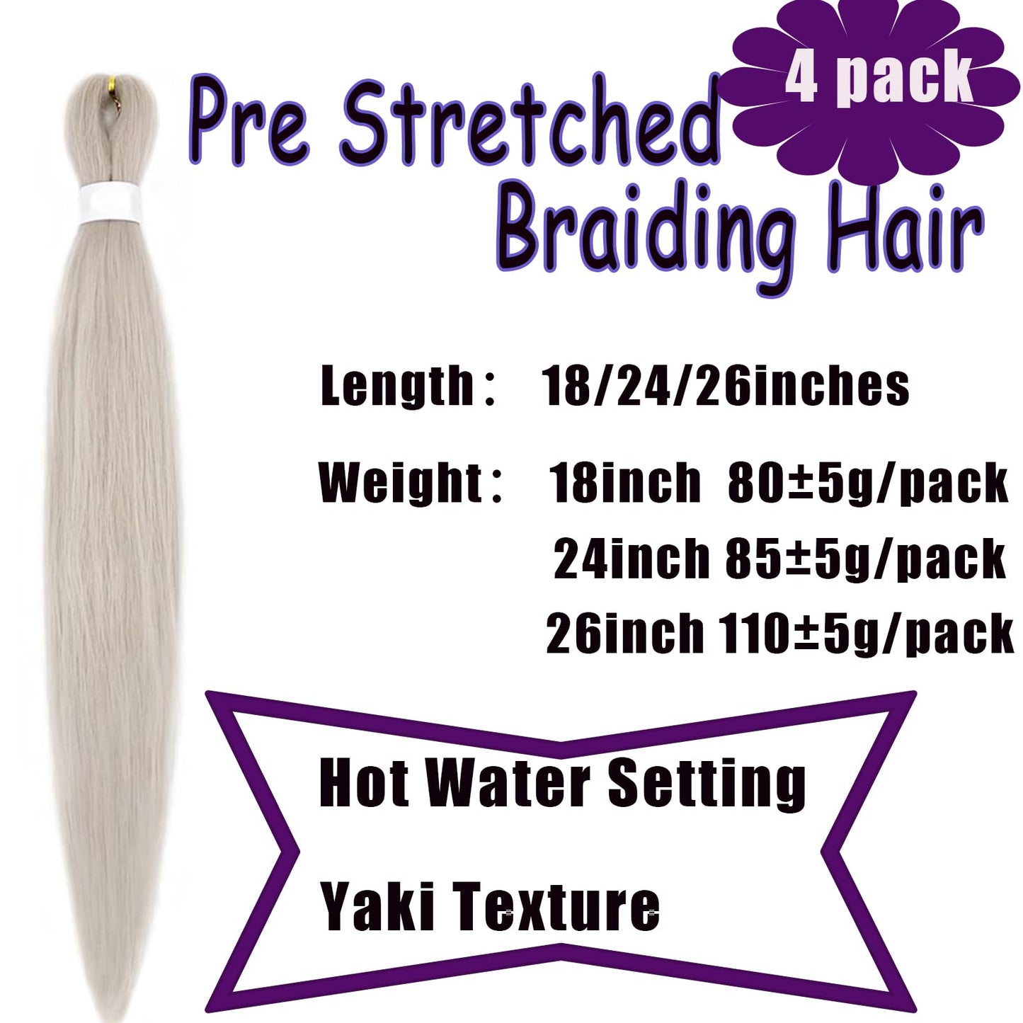 Coriario Silver Grey Pre Stretched Braiding Hair 26 inches 4 Pack Prestretched Braiding Hair Long Knotless Yaki Braiding Hair Kinky Synthetic Hair for Braiding Gray