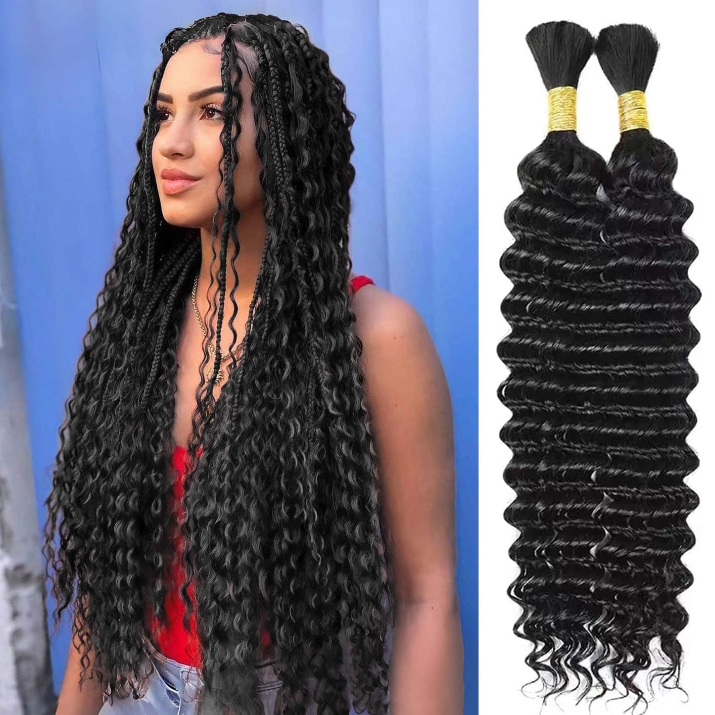 Human Hair Braiding Hair 100% Human Hair Deep Wave Braiding Hair Curly Human Hair Extensions for Boho Braids 2 Braids Per Pack 100g 24 Inch No Weft Boho Human 1B Braiding Hair Extensions