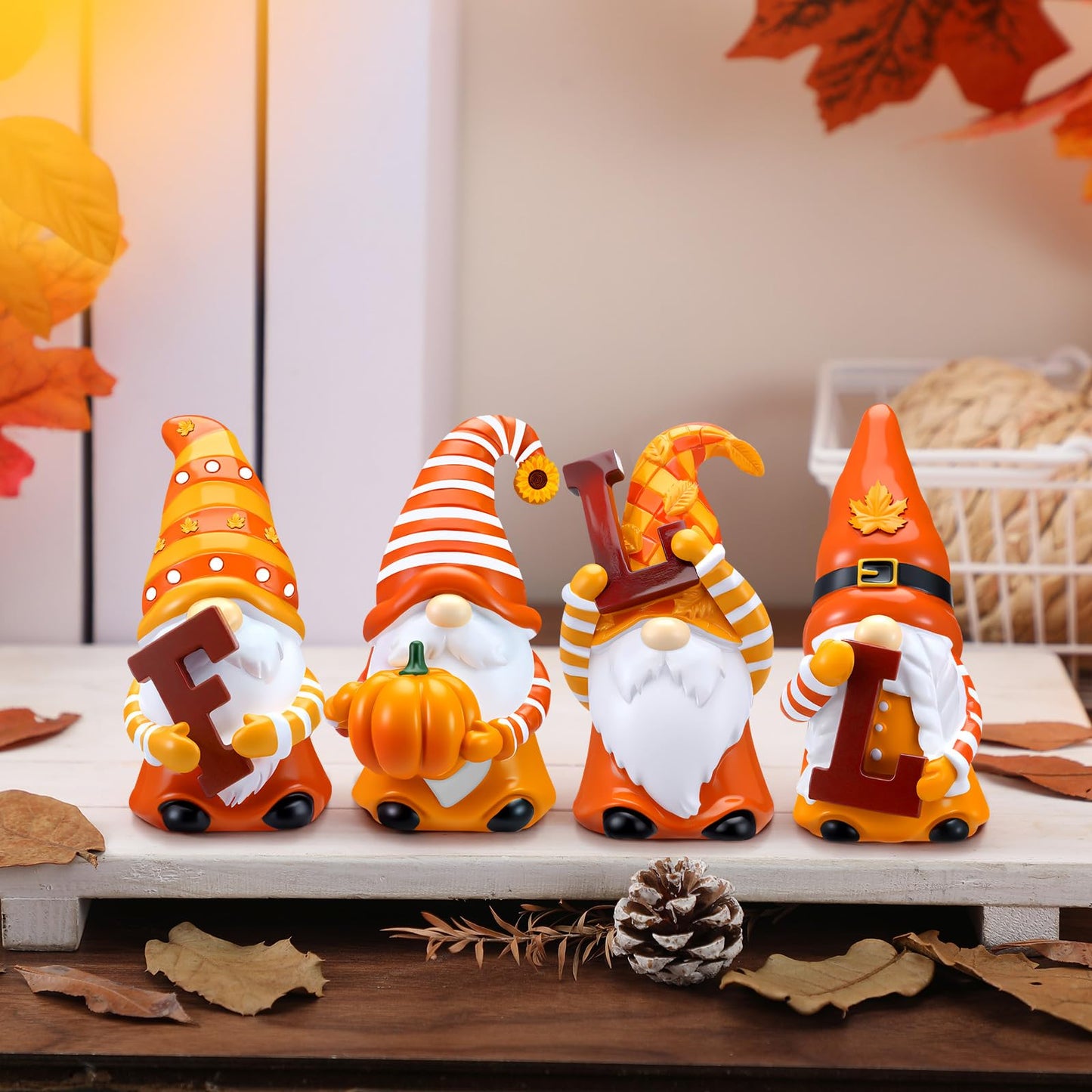 ShinyRelief 4 Pcs Fall Figurines Resin Gnome Tabletop Autumn Sculpture Decoration Maple Leaf Pumpkin Sunflower Table Centerpiece for Dining Room Home Party Supplies Gifts Decor