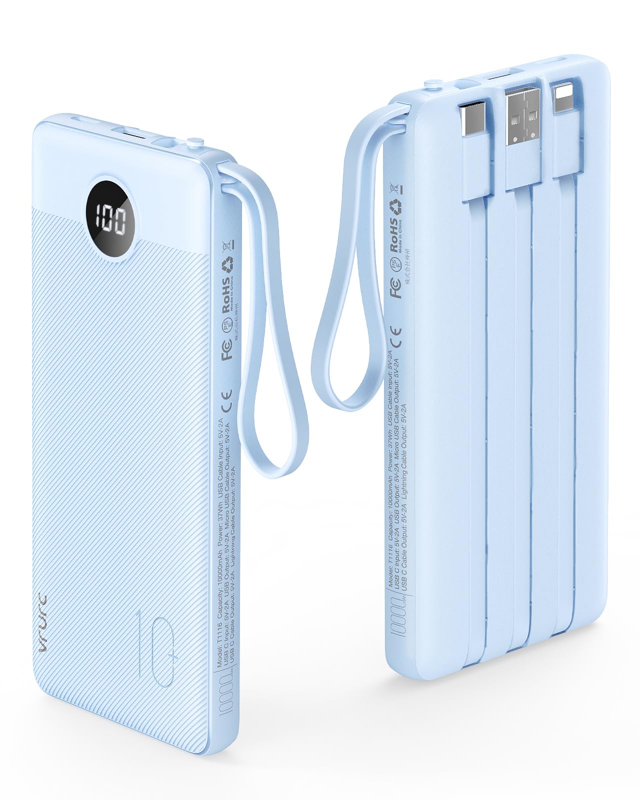 VRURC Portable Charger with Built in Cables, 10000mAh Travel Essentials Power Bank, 5 Output 2 Input LED Display External Battery Pack Compatible with iPhone,Samsung,Android-Black(1 Pack)