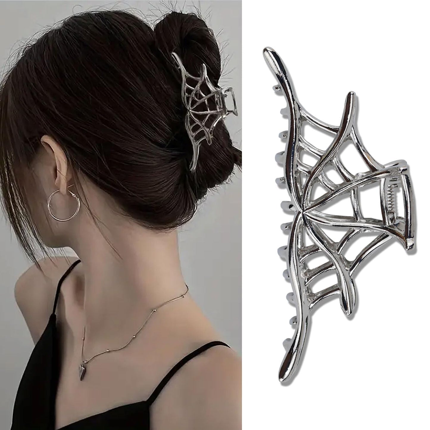 Metal Silver Hair Claw Clips - Spider Web Design for Thick or Thin Hair, Strong Hold for Cosplay Party Accessories (1Pc)