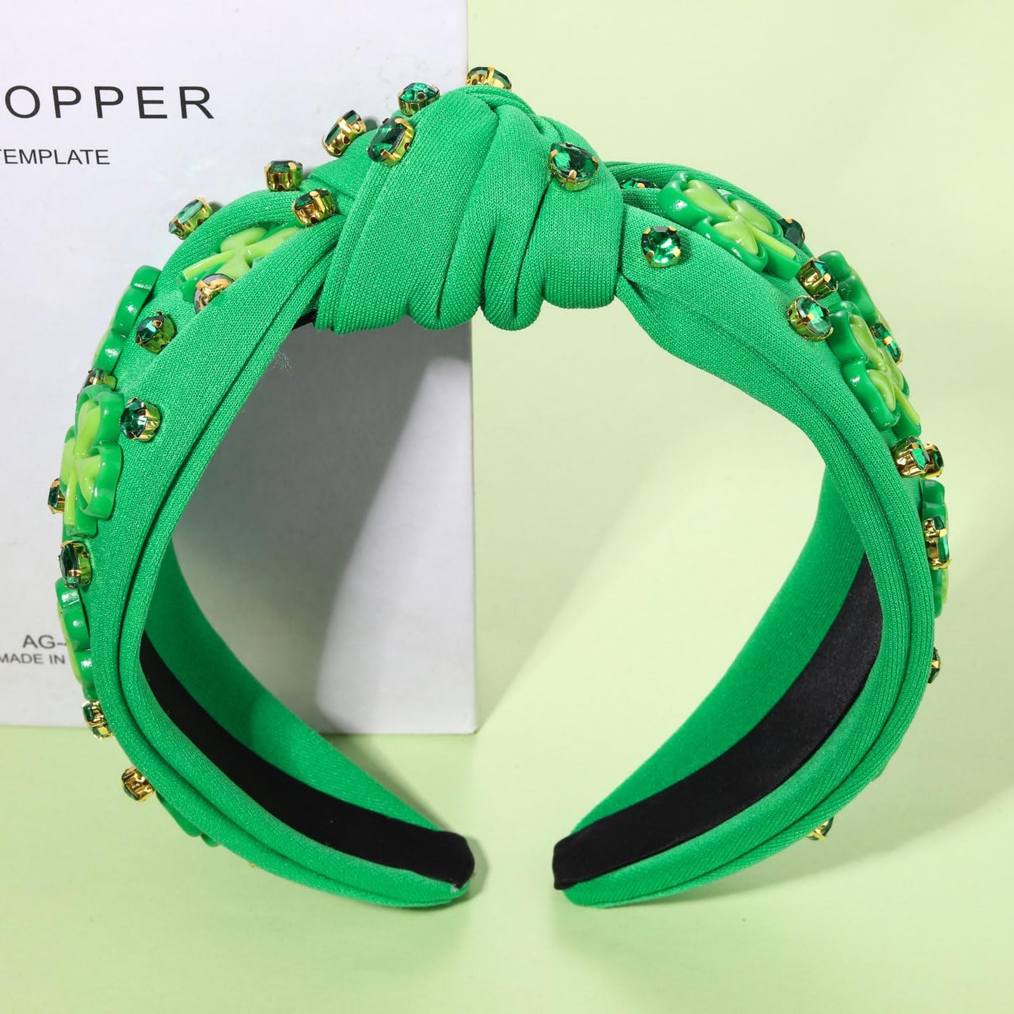 CEALXHENY Women's St. Patrick's Day Headband, Green Shamrock Embellished Crystal Rhinestone Knotted Headband, Irish Holiday Gifts (Shamrock 2)