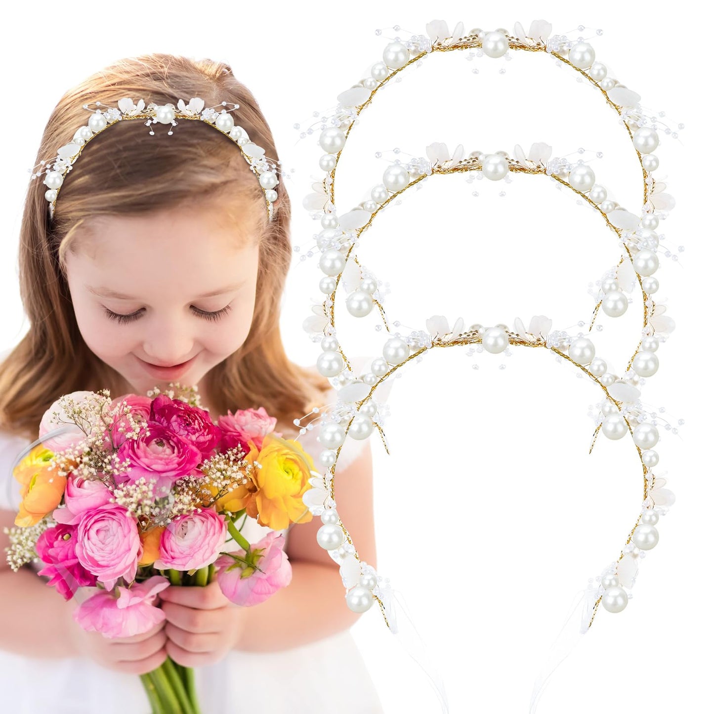 Hoemwarm 4 Pcs Flower Girl Crystal Pearl Headpiece,Gold Floral Girls Wedding Crown Hair Accessories Rhinestone Tiara Hair Pieces Headband for First Communion Accessories