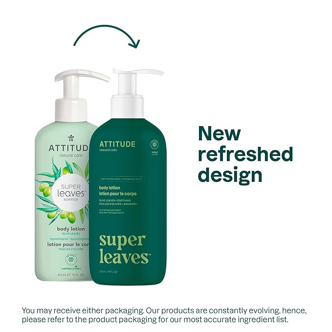 ATTITUDE Body Lotion, EWG Verified Moisturizer, Vegan Skin Care Products, Non-Greasy, Hydrating for Dry Skin, Cruelty Free, Soothing, Olive Leaves, 16 Fl Oz