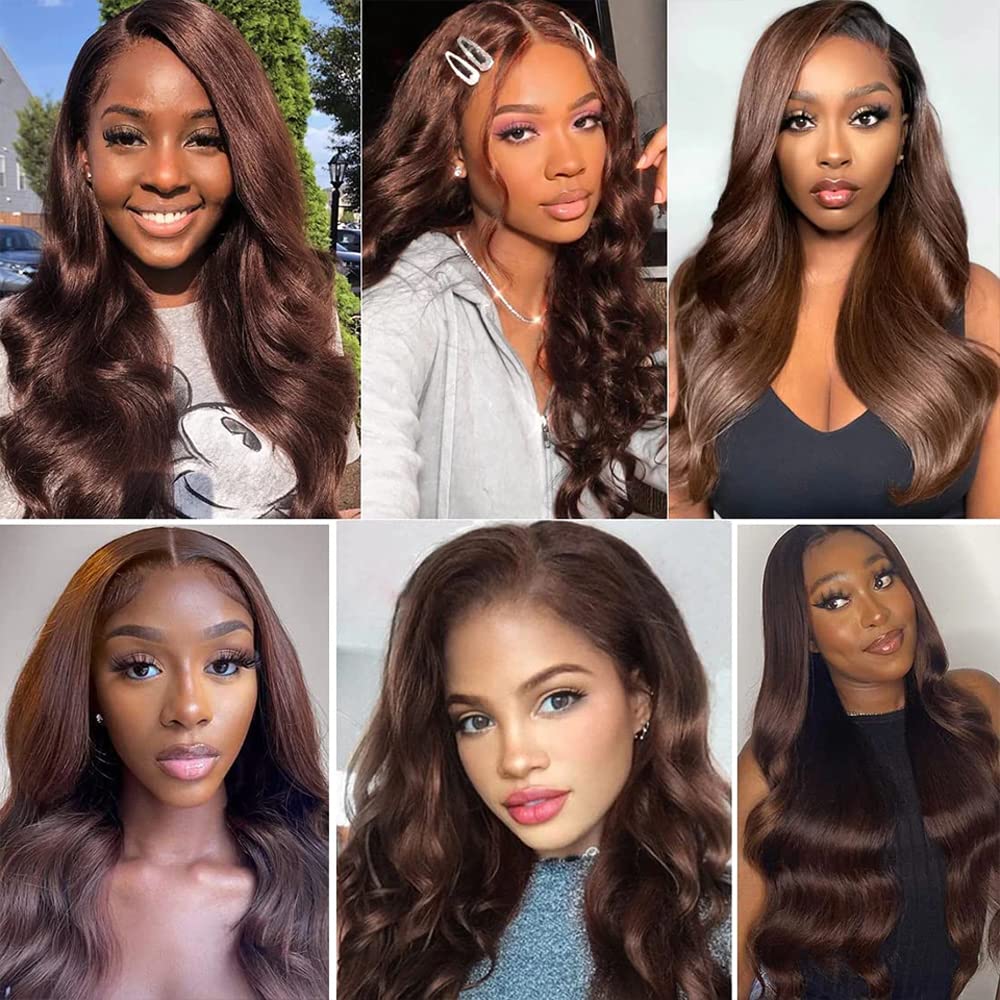 Dark Brown Body Wave Bundles #4 Human Hair Bundles Light Brown Body Wave Hair Double Weft Brazilian Remy Hair Extensions Wet and Wavy Bundles Silky Soft for Black Women(22 24 26 Inch 3 Bundles)