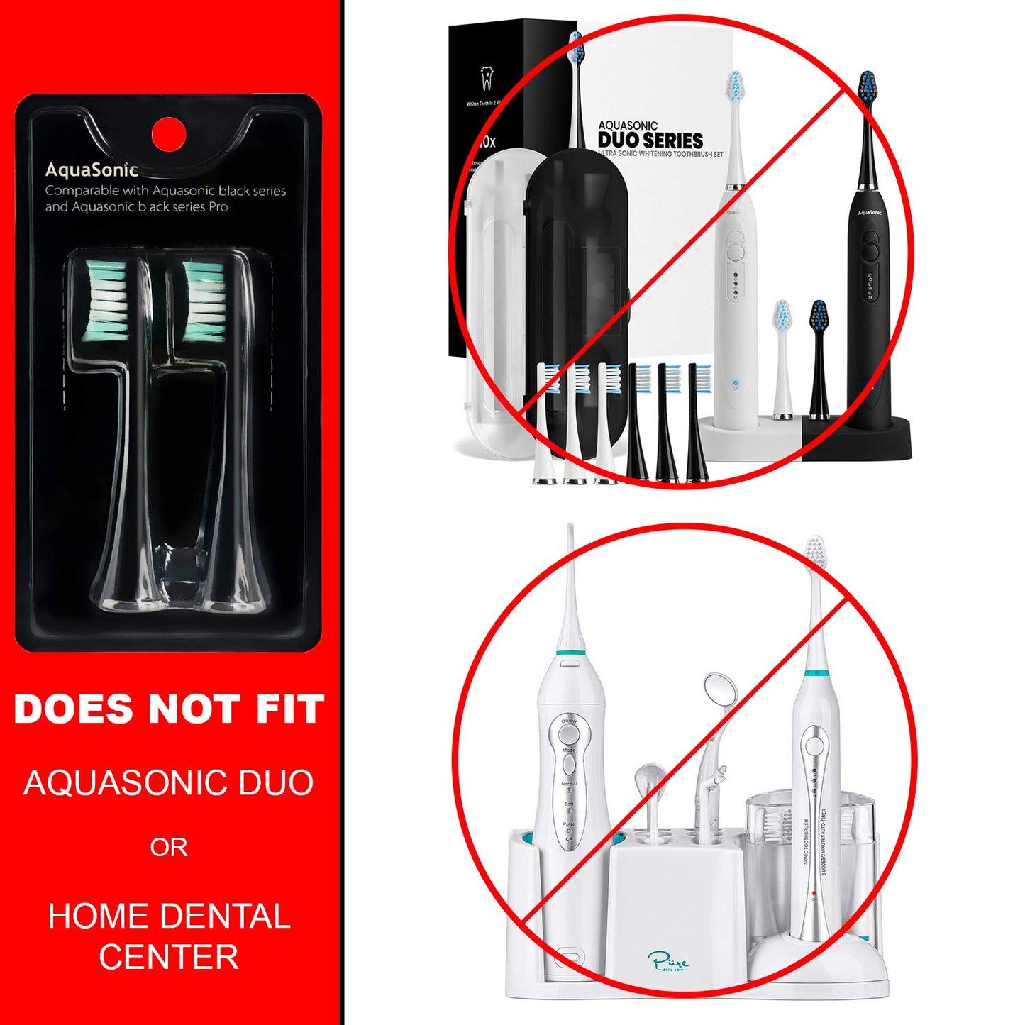 AquaSonic Standard Replacement Brush Heads | for Normal & Sensitive Teeth | Compatible with Many AquaSonic Toothbrush Handles (2 Pack Black)