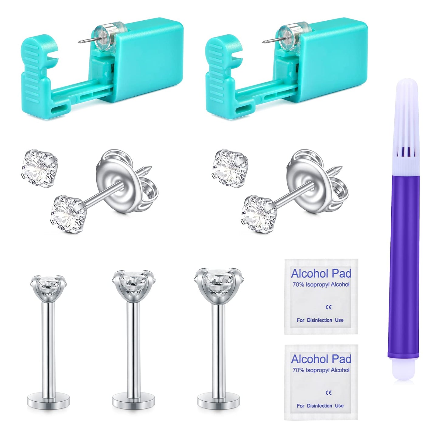 JIESIBAO Ear Piercing Gun Kit, Disposable Self Ear Piercing Kit with 16G CZ Crystal Surgical Steel Earrings for Cartilage Tragus Helix Safety Silver Ear Piercing Gun Kit Tool