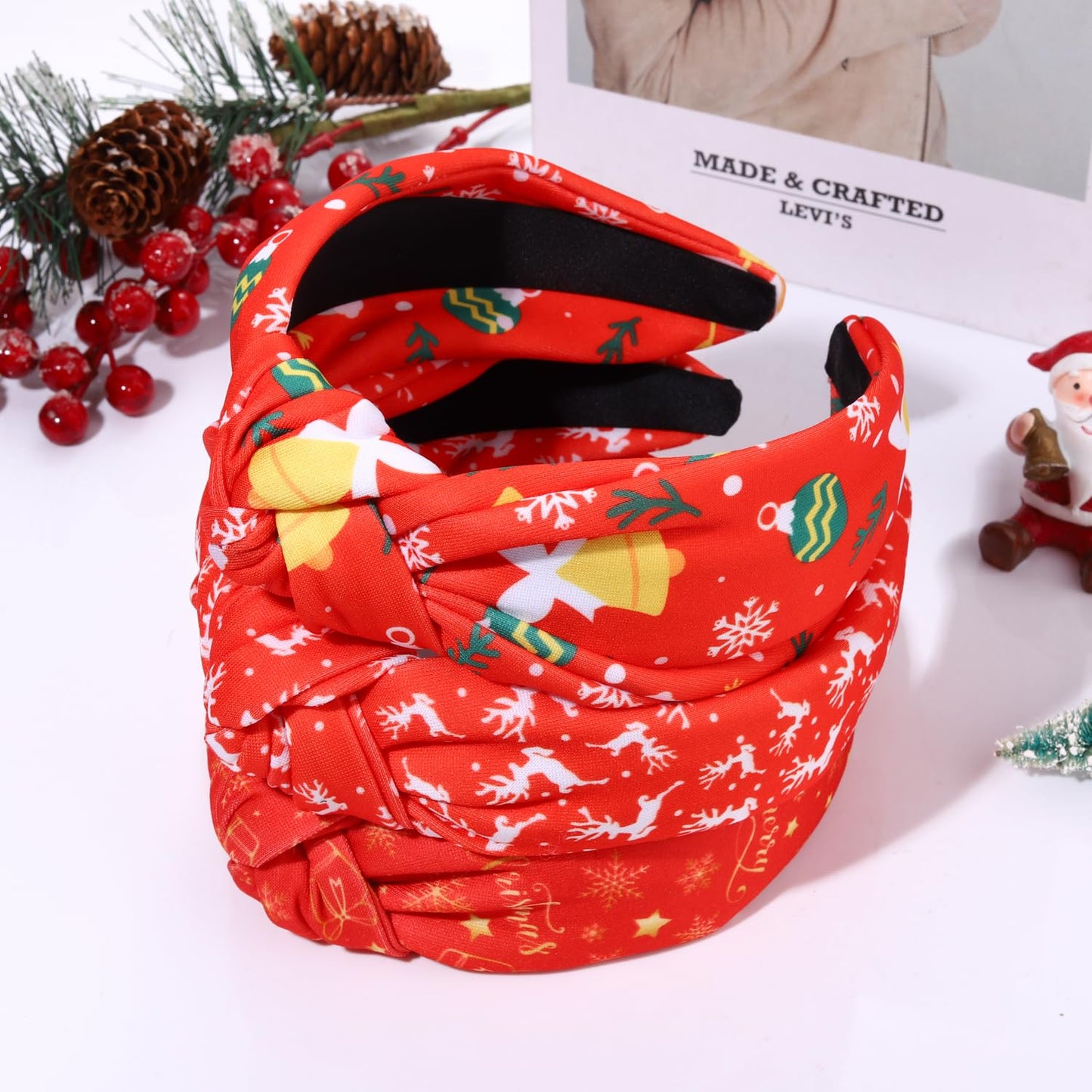 Christmas Headband for Women Girls Snowflake Reindeer Christmas Tree Present Candy Cane Pattern Knotted Hairband Xmas Holiday Wide Knot Head Band Hair Accessory Gift
