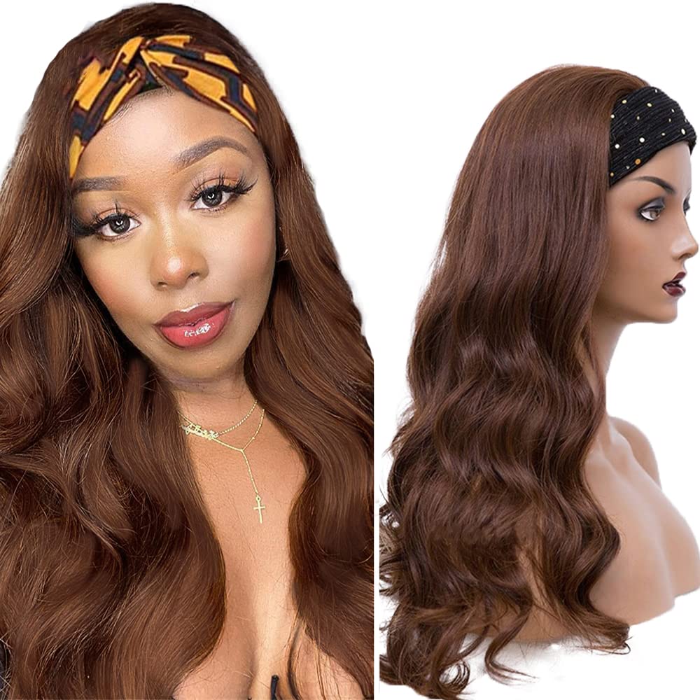 YiweYowe #4 Chocolate Brown Body Wave Headband Wig Human Hair 22 Inch #4 Brown Color 150% Density Brazilian Virgin Hair Glueless None Lace Front Wig Wear and Go Wigs for Black Women